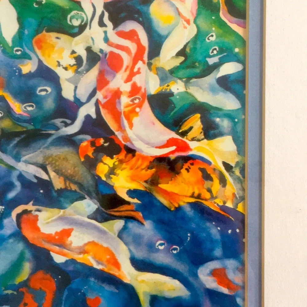 Framed Koi Fish Colourful Water Painting Print by Tracy Reid 1991 - Oak Frame - Picture 5 of 14